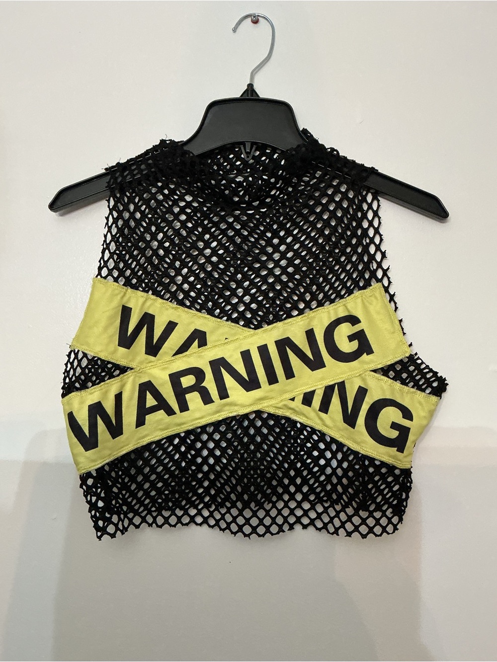 SHEIN Black Fishnet Crop Tank with Yellow 'WARNING' Straps